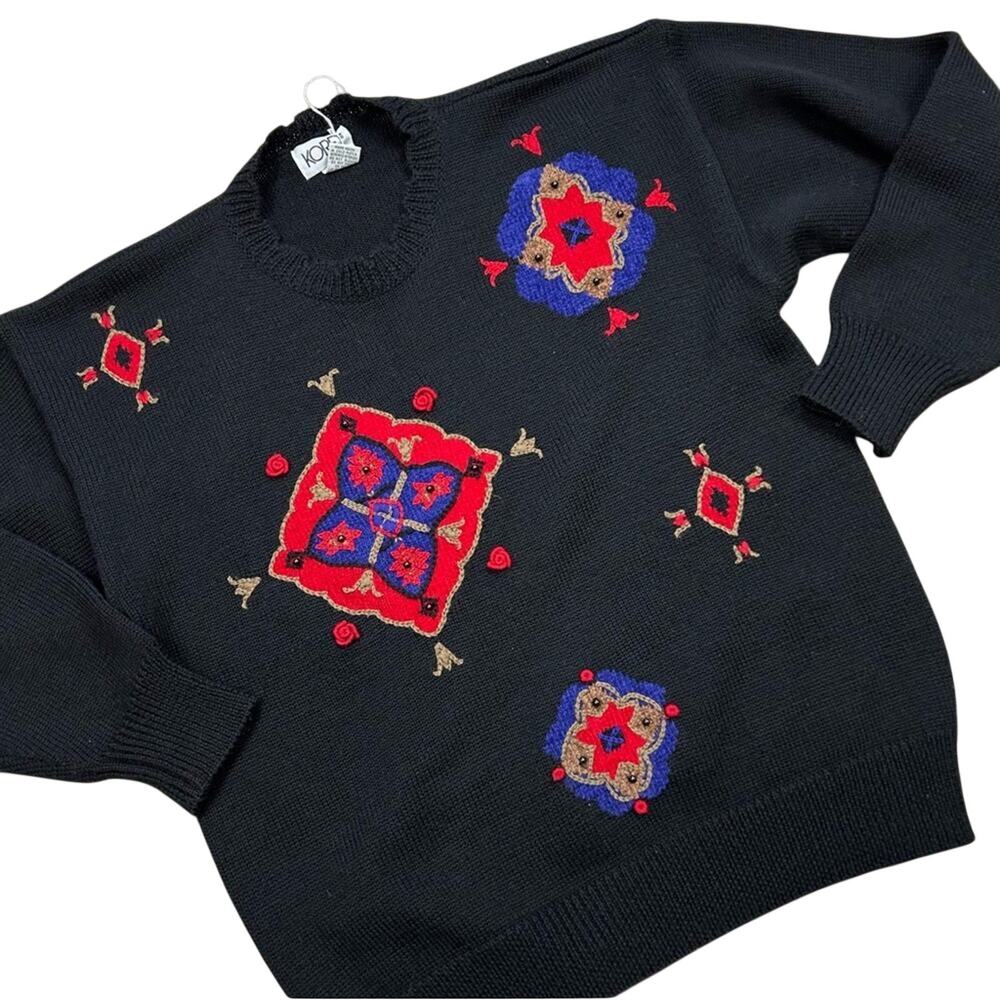 Koret Sweater Womens Small VINTAGE Black & Red Beaded Pullover Artsy Shirt